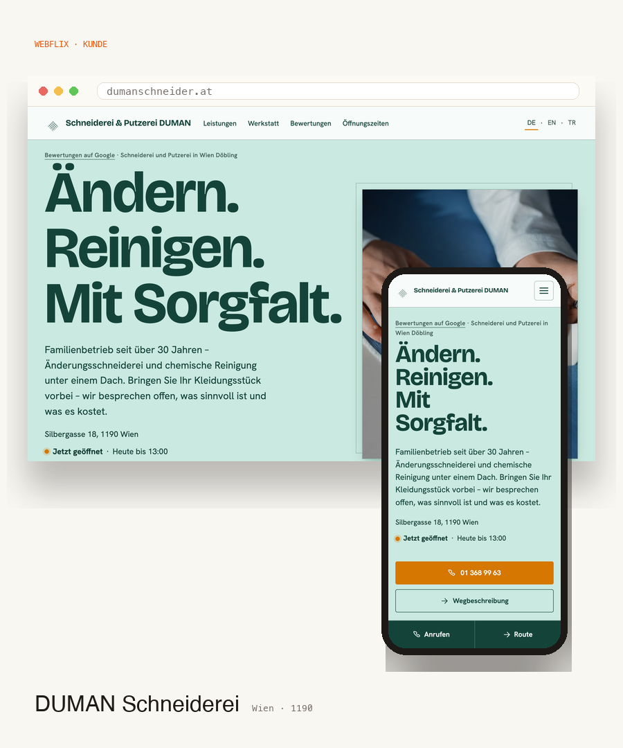 Schneiderei & Putzerei DUMAN · Website-Vorschau Desktop und Mobile