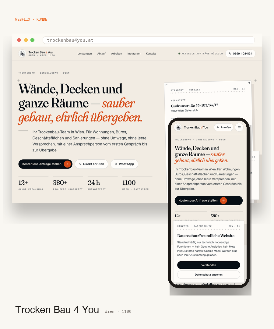 Trocken Bau 4 You GmbH · Website-Vorschau Desktop und Mobile
