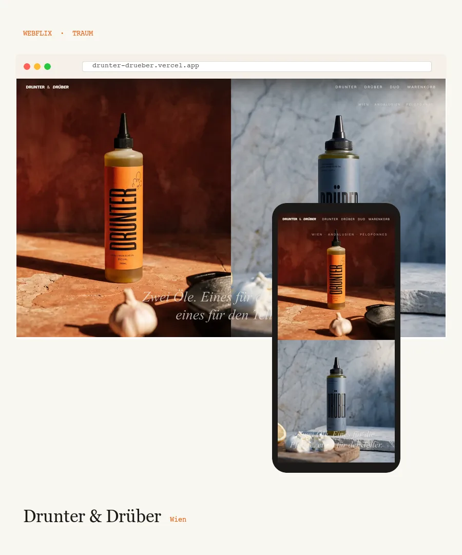 Drunter & Drüber · Wiener Olivenöl-Marke · Website-Vorschau Desktop und Mobile