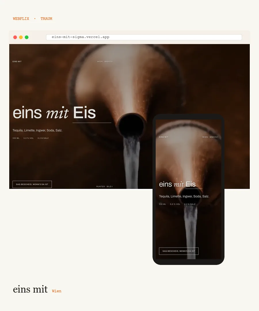 eins mit · Wiener Tequila-Soda-Marke · Website-Vorschau Desktop und Mobile