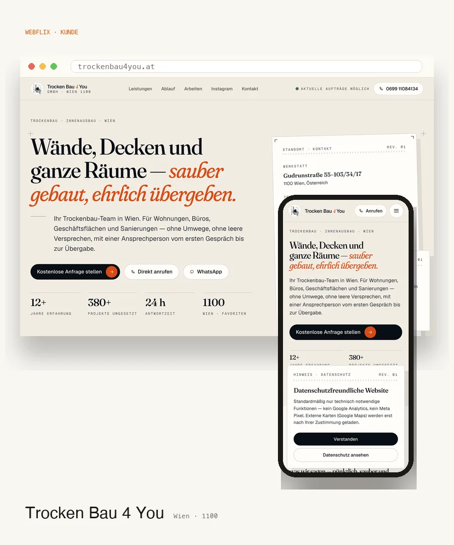 Trocken Bau 4 You GmbH · Website-Vorschau Desktop und Mobile
